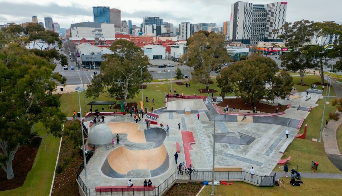 Adelaide City Skatepark with concrete street features and bowls