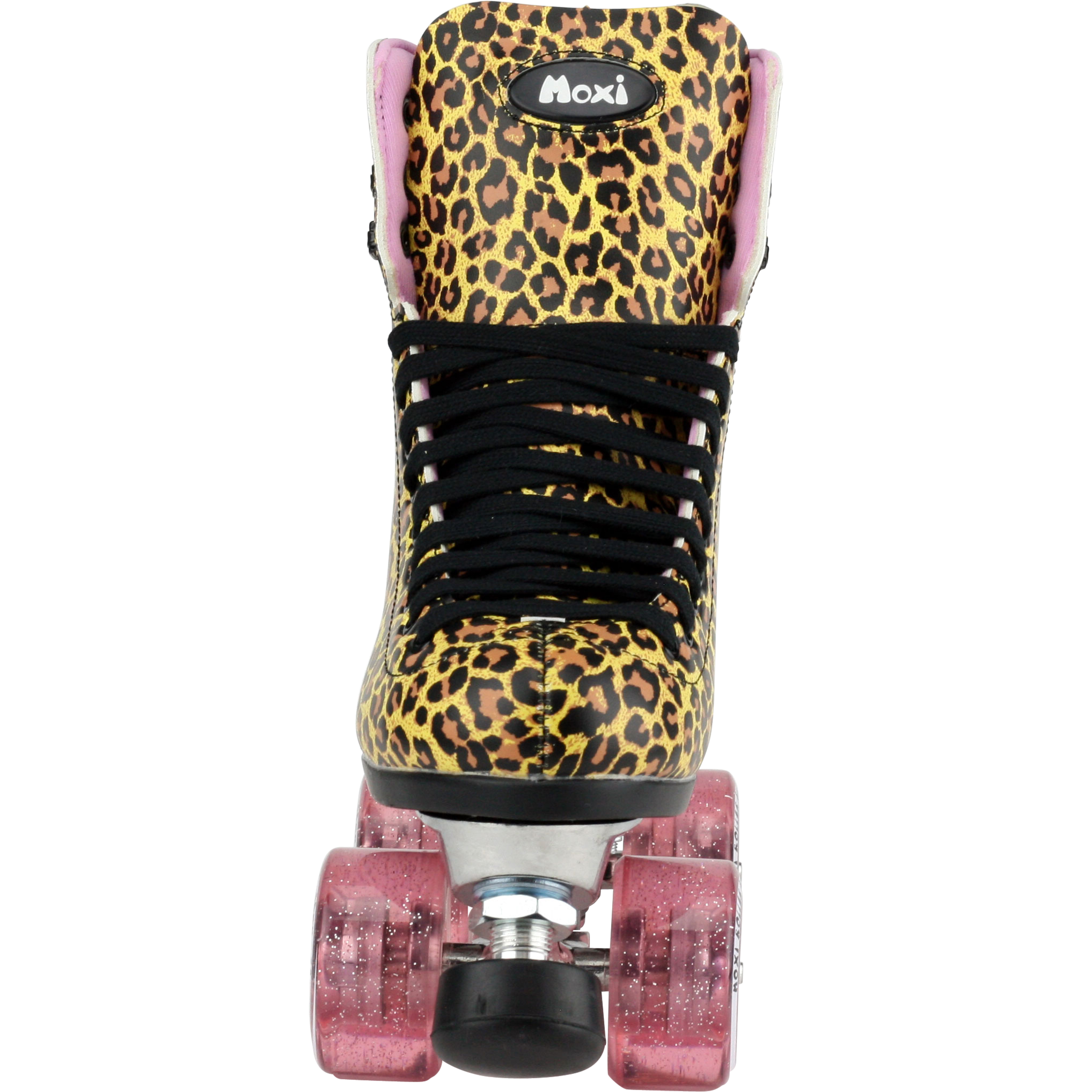 Moxi Jungle Leopard Skates (w/ Pink cuff and Pink Juicy Wheels)