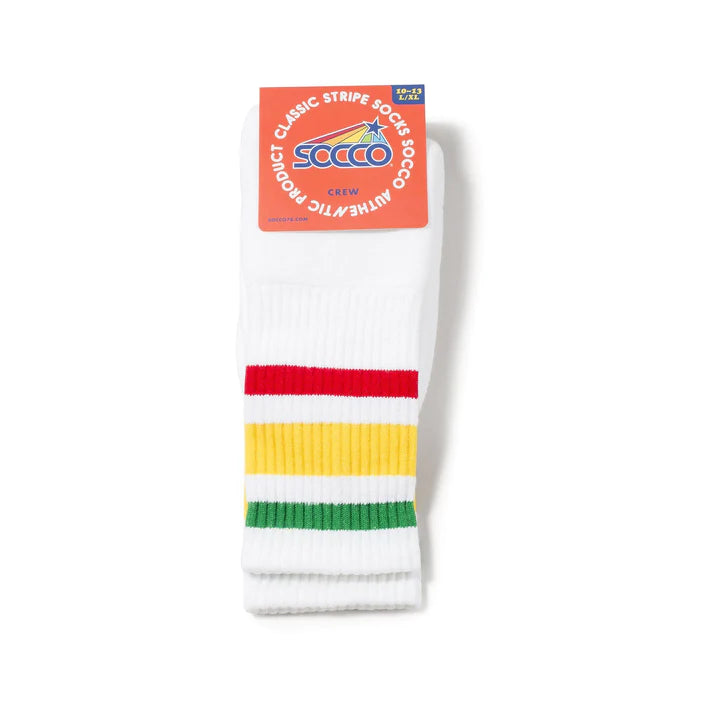 SOCCO Rasta Striped Socks | White Knee High Socks