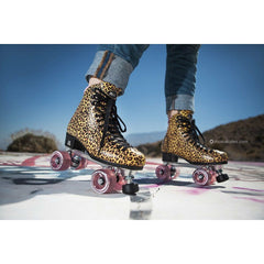 Moxi Jungle Leopard Skates (w/ Pink cuff and Pink Juicy Wheels)