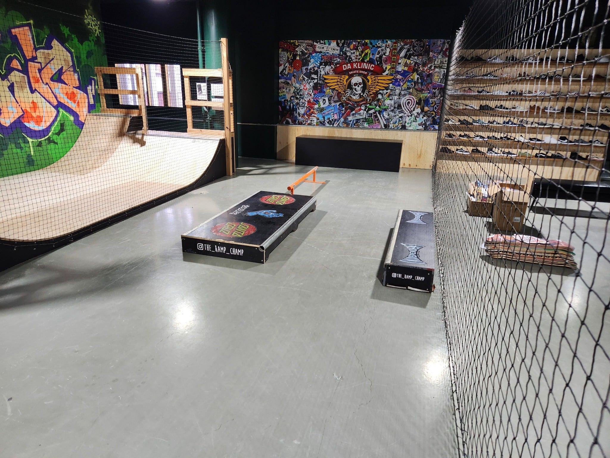 Da Klinic Indoor Skatepark showing the mini ramp, street course, rails and ledges